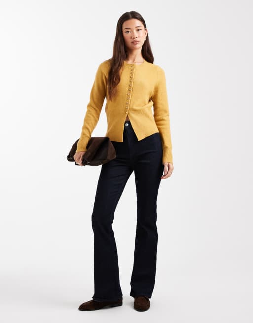 New Look dome button crew neck cardigan in yellow, 2 of 4