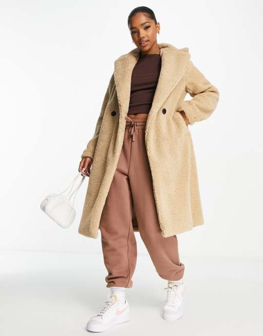 New Look double breasted borg coat in camel