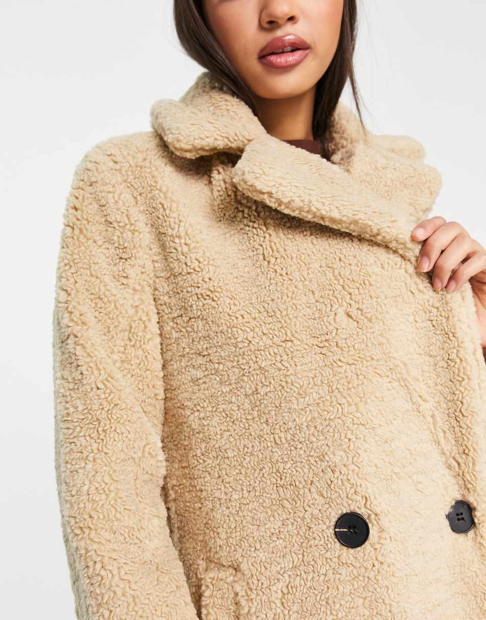 New Look double breasted borg coat in camel