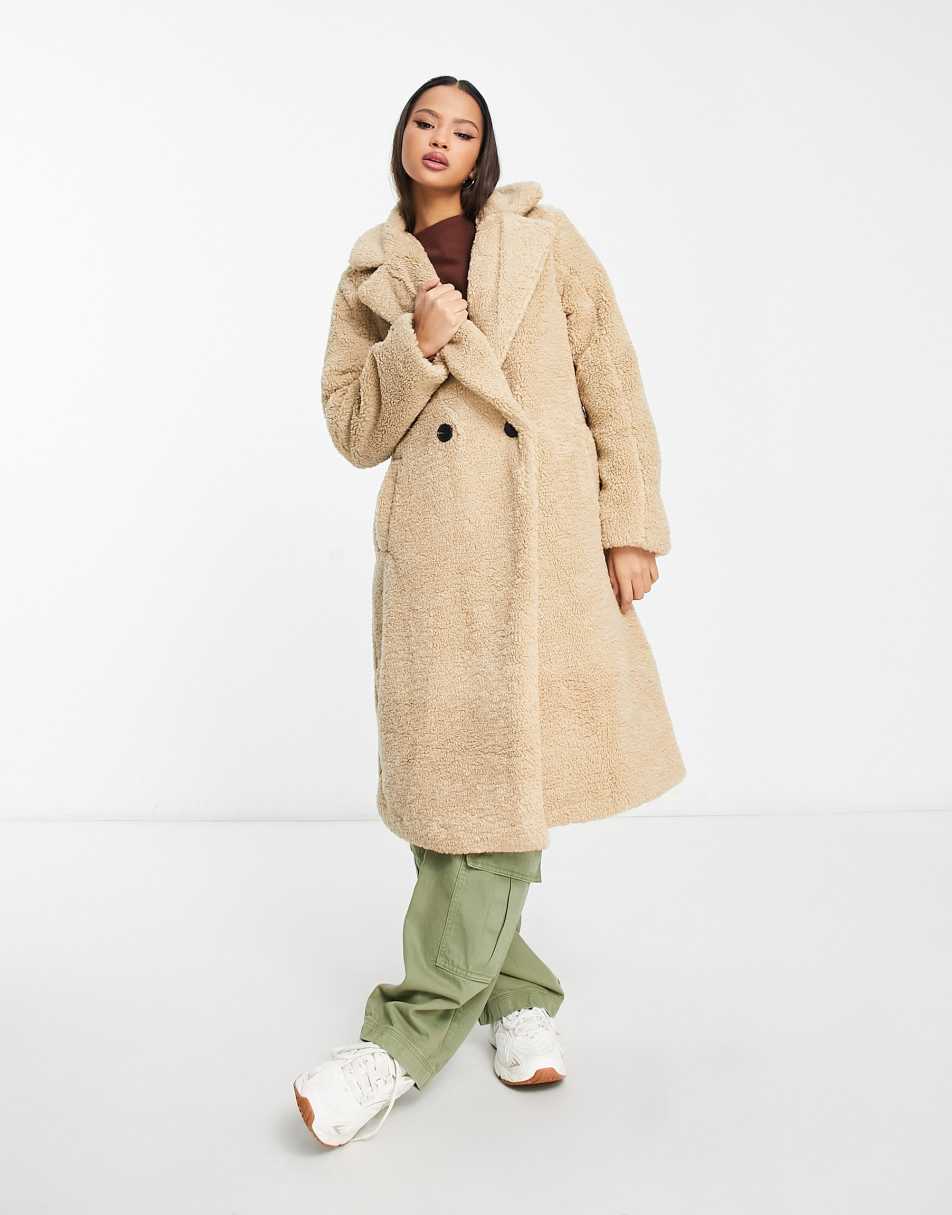 New Look double breasted borg coat in camel