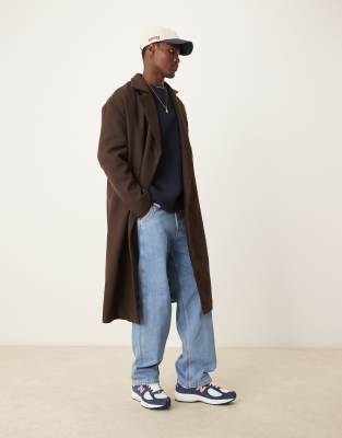 New Look New Look double breasted overcoat in dark brown