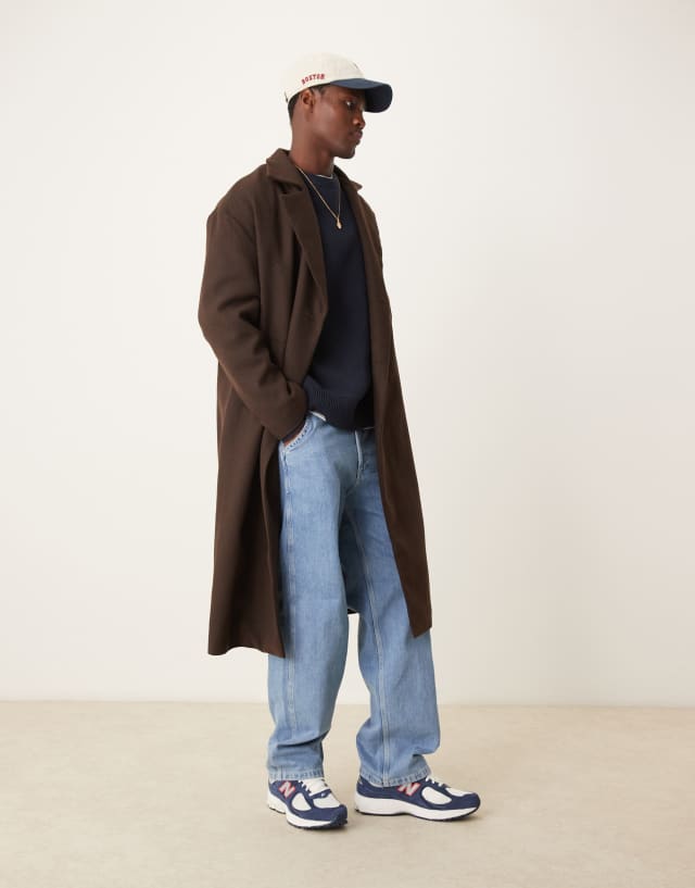 New Look double breasted overcoat in dark brown | ASOS