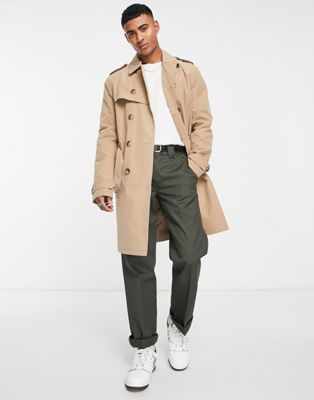 double breasted shower resistant trench coat in stone-Neutral