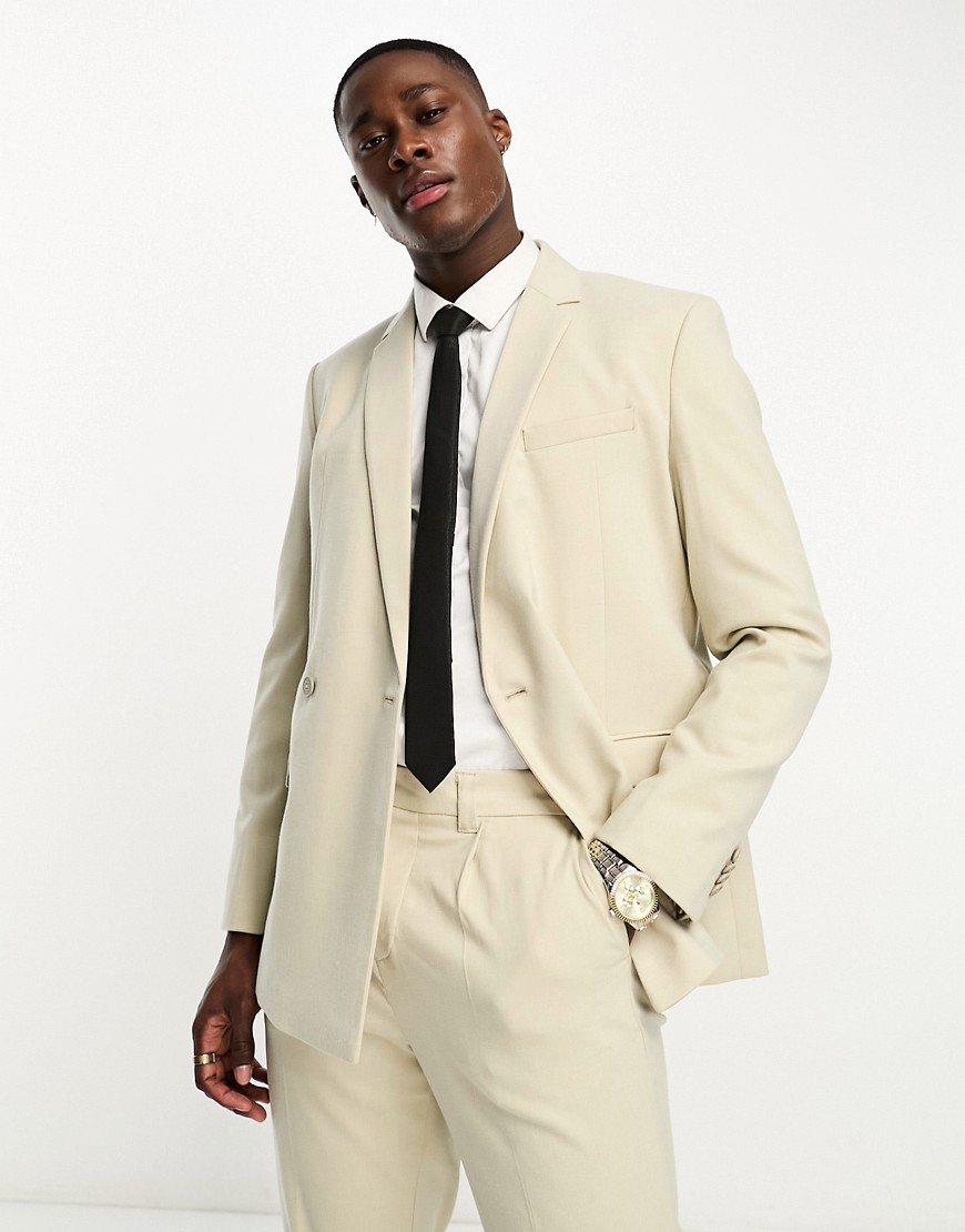 New Look double breasted skim suit jacket in oatmeal-White