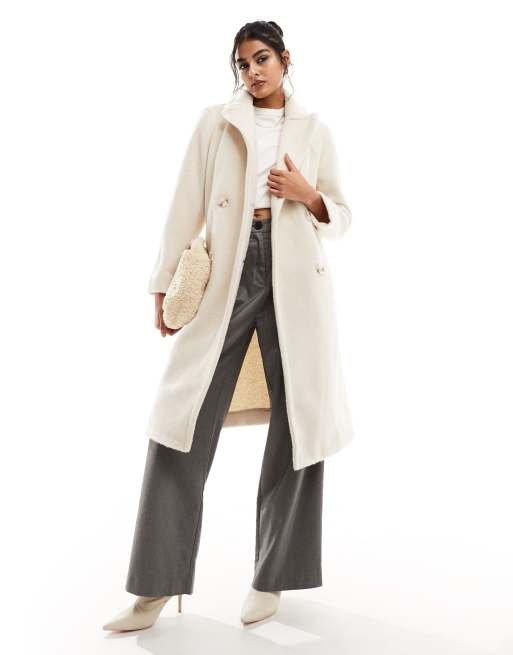 New Look double breasted textured longline coat in cream ASOS