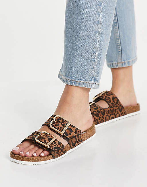 New Look double buckle flat sandal in leopard print | ASOS