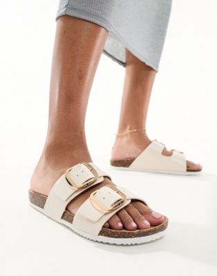 New Look double buckle flat sandal in off-white - ASOS Price Checker