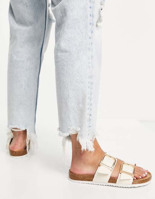 Off White Leather-Look Chunky Buckle Sliders