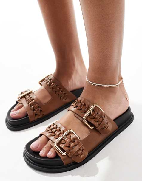 New Look double buckle flat sandal in tan - view 1