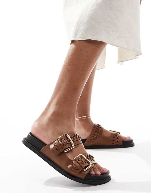 New Look double buckle flat sandals in tan, 2 of 4