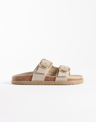 double buckle leather sandal in camel