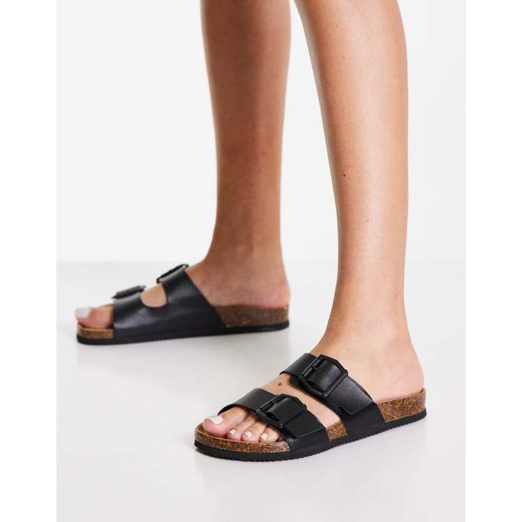 Wide Fit Black Leather-Look Buckle Sliders