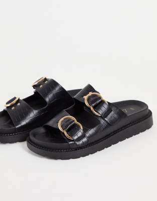 New Look Double Buckle Slides In Black Croc | ModeSens