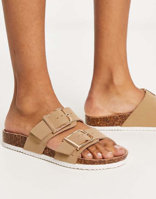 New Look double buckle sliders in light brown | ASOS