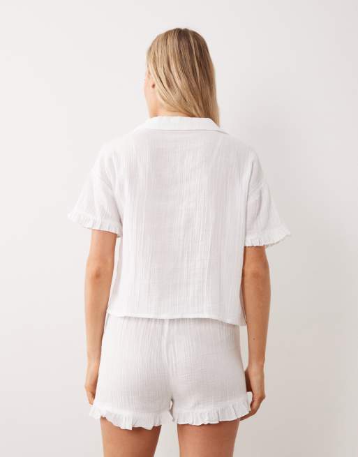 New Look double cloth short sleeve shirt and shorts pyjama set in white, 4 of 4