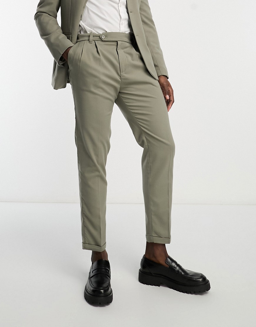 New Look double pleat front smart trousers in khaki-Green
