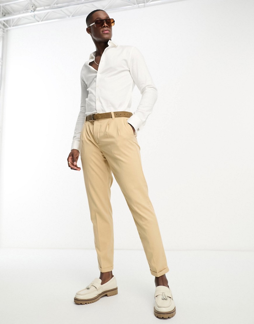 New Look double pleat front smart trousers in stone-Neutral