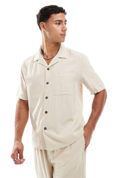 New Look double pocket boxy linen-blend shirt in stone (part of a set) - view 1