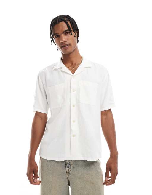 New Look double pocket boxy linen look shirt in off white