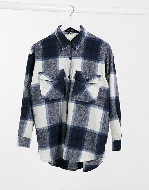 New Look cosy oversized shacket in brushed blue check