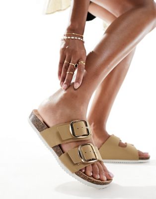 New Look  double strap flat slip on sandal in stone