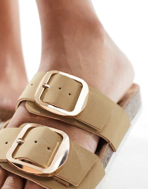 New Look  double strap flat slip on sandal in stone, 2 of 4