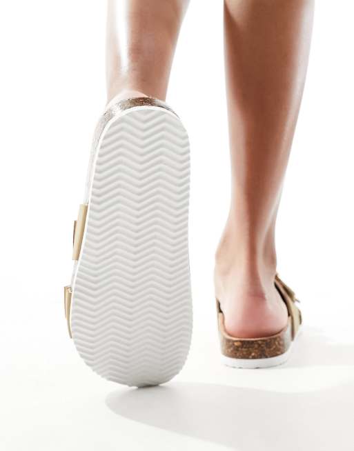 New Look double strap flat slip on sandals in stone, 3 of 4