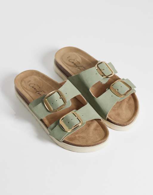 New Look double strap sandals with buckles in sage green, 3 of 4