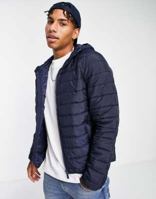 New Look hooded puffer in navy - ASOS Price Checker