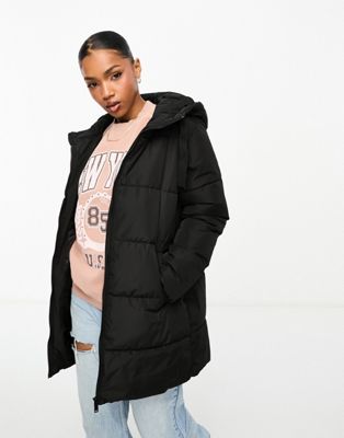 New Look mid length puffer coat with hood in black - ASOS Price Checker