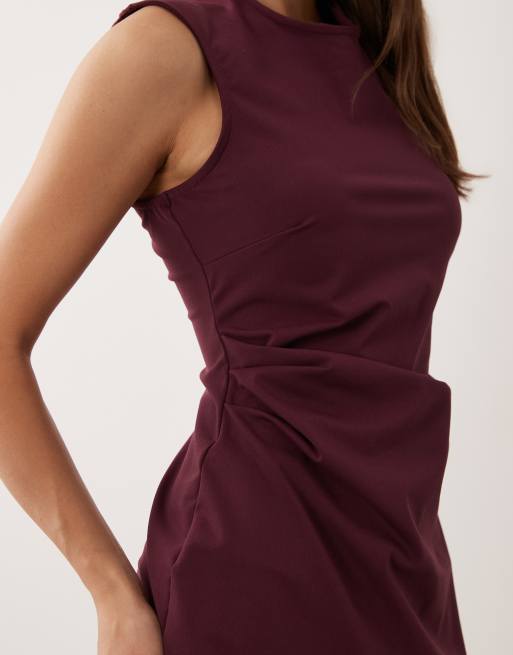New Look drape detail bengaline mini dress in burgundy, 4 of 4