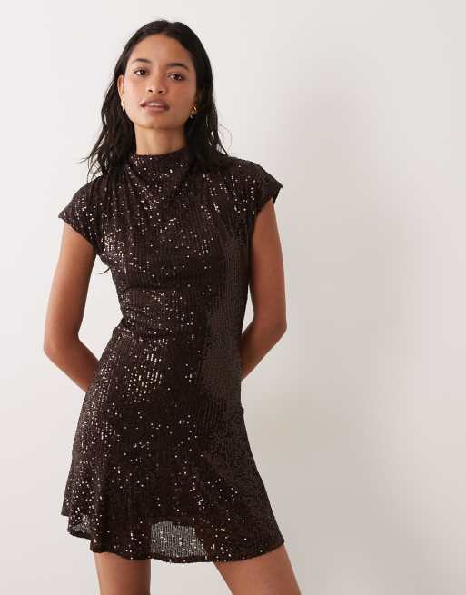 New Look drape neck detail sequin mini dress in dark brown, 2 of 4