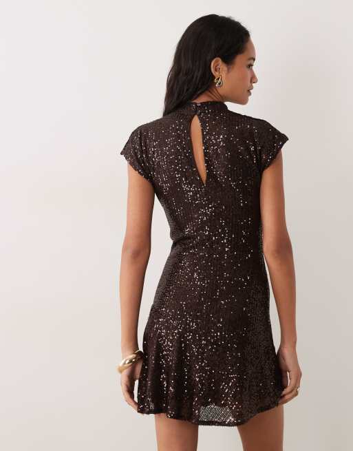 New Look drape neck detail sequin mini dress in dark brown, 4 of 4