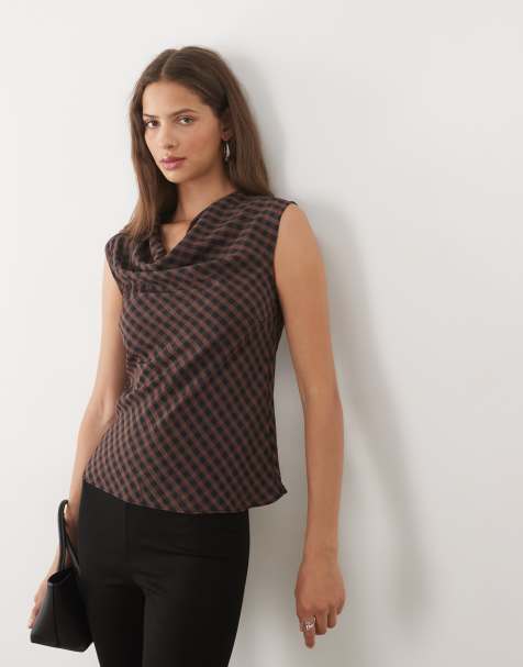 New Look drape neck detail woven top in brown check - view 1