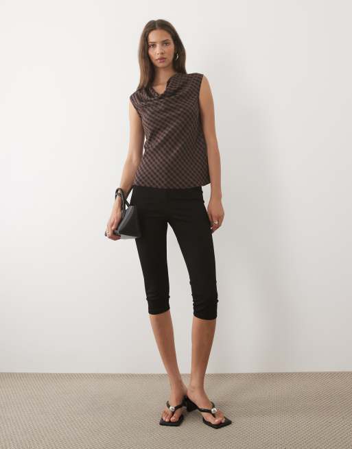 New Look drape neck detail woven top in brown check, 3 of 4