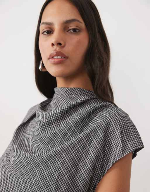 New Look draped lace trim asymmetric top on grey check, 3 of 4