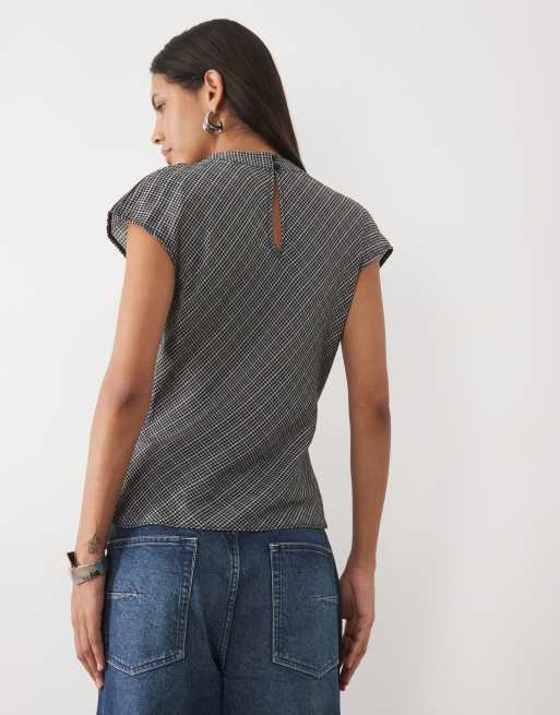 New Look draped lace trim asymmetric top on grey check, 4 of 4