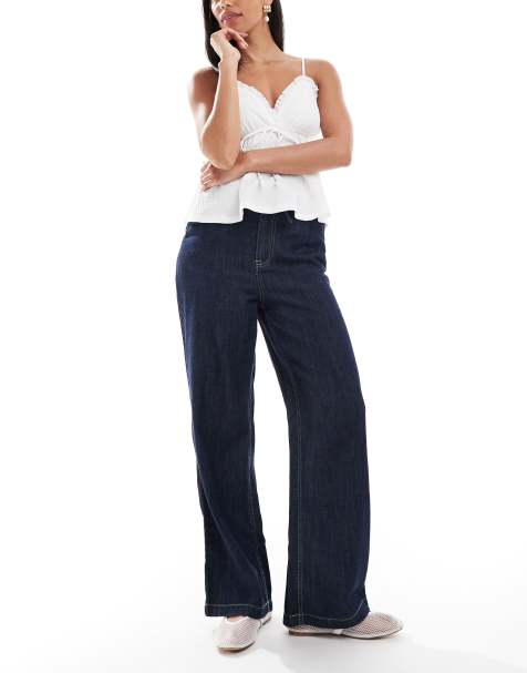 New Look drawcord wide leg denim trousers in navy - view 1