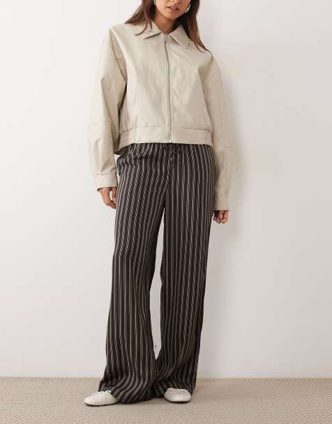 New Look drawstring waist wide leg trousers in brown stripe - view 1