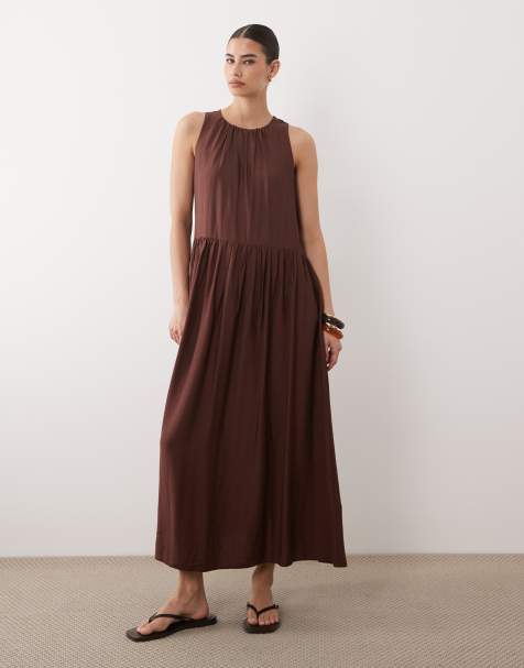 New Look drop waist sleeveless midi dress in dark brown