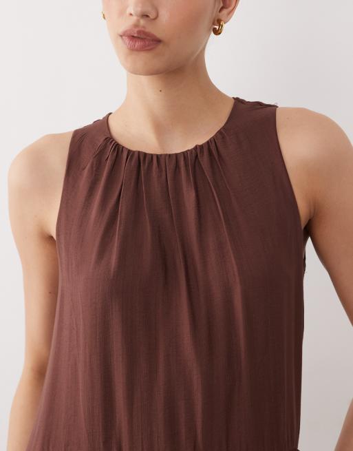 New Look drop waist sleeveless midi dress in dark brown, 2 of 4