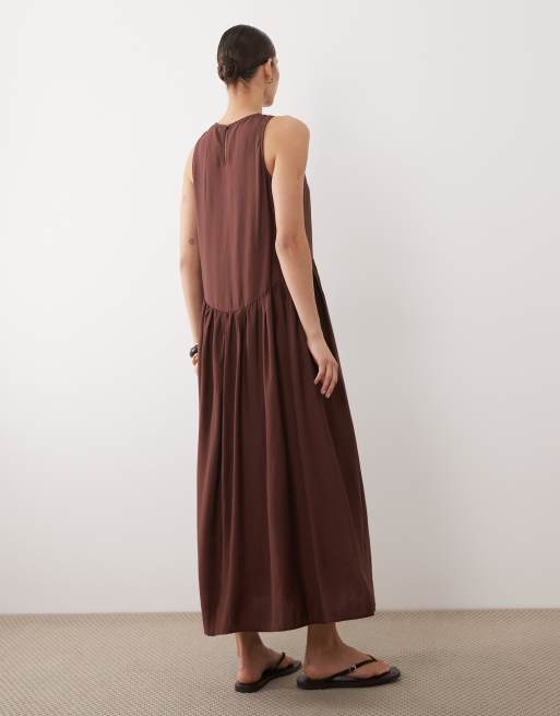 New Look drop waist sleeveless midi dress in dark brown, 3 of 4