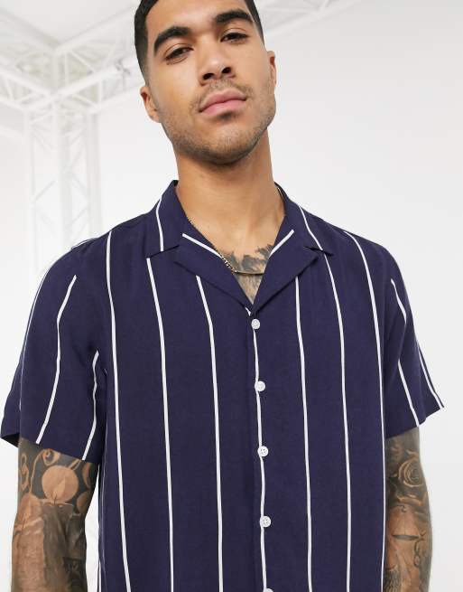 New Look - Dun viscose overhemd met korte mouwen en strepen in marineblauw