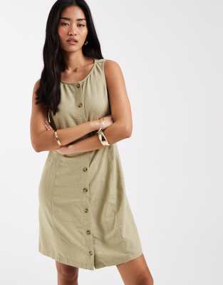 New Look - Durchgeknöpftes Minikleid aus Leinen in Grün