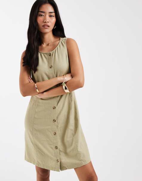 New Look – Durchgeknöpftes Minikleid aus Leinen in Grün - view 1