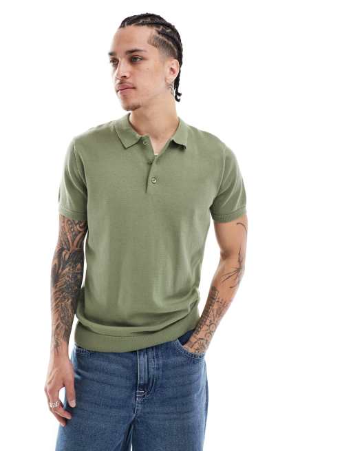 New Look – Dzianinowa koszulka polo z krótkimi rękawami w kolorze khaki