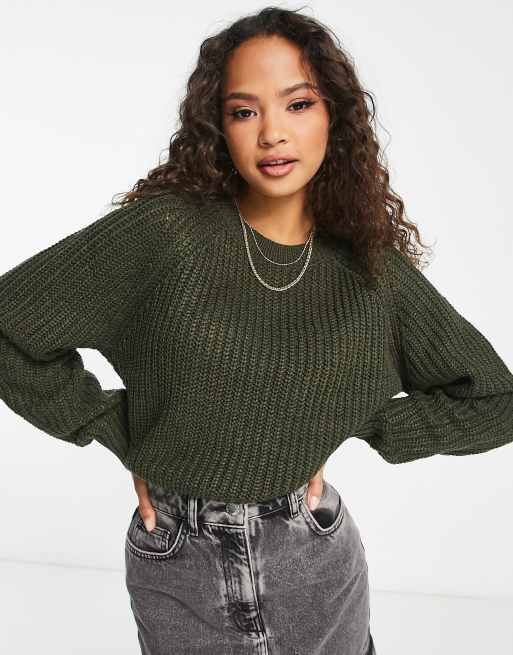 New Look – Dzianinowy sweter z okrągłym dekoltem w ciemnym kolorze khaki z ozdobnym szwem