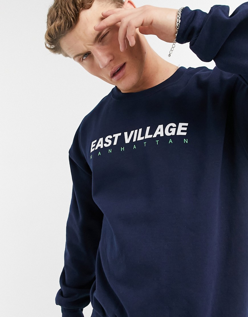 New Look east village print sweatshirt in navy