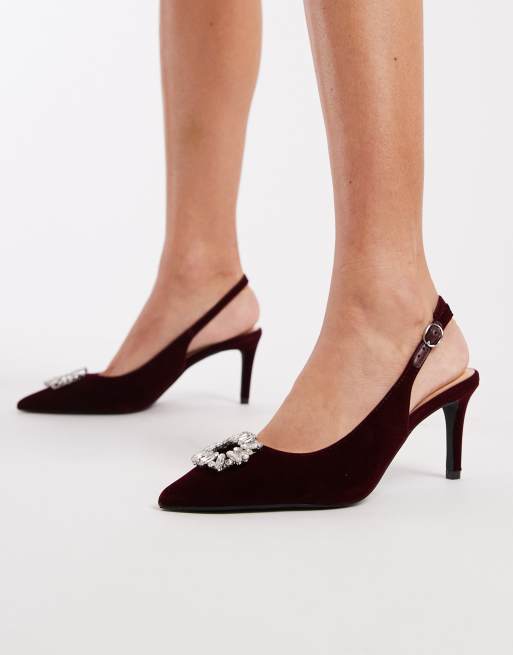 New Look embellished buckle heeled slingback shoes in burgundy
