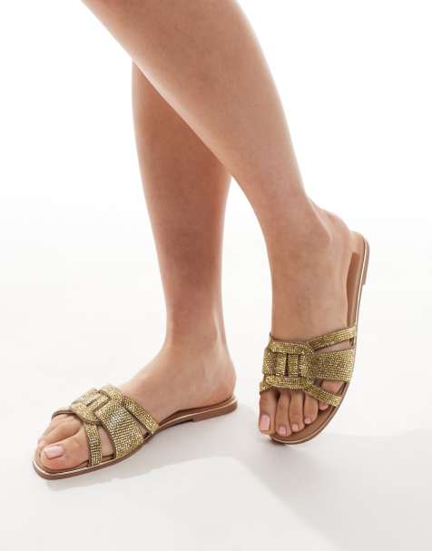 New Look embellished cross strap sandals in gold - view 1